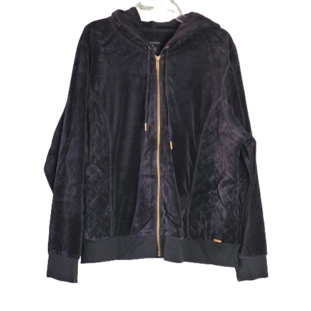 Calvin Klein Women's Black Quilted Velour Hoodie Zip Jacket Sz 2X